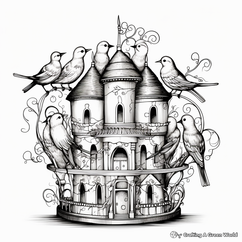 Victorian Bird Cage with multiple birds Coloring Pages 2
