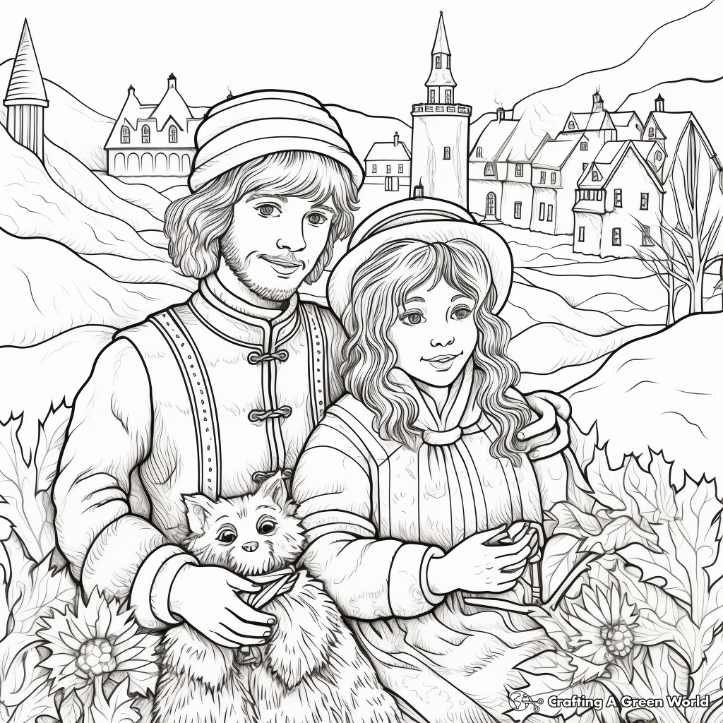 Victorian Christmas Scene Winter Solstice Coloring Pages: Male, Female, and Children 1