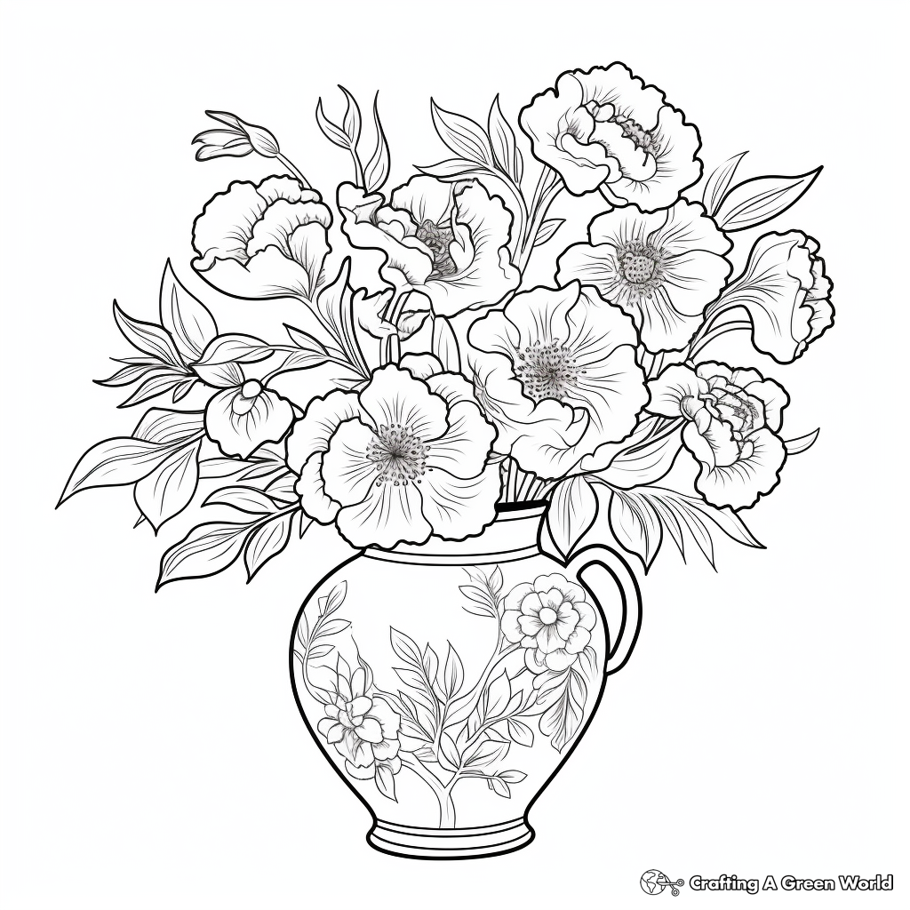 Vintage Peony in Vase Coloring Pages 2