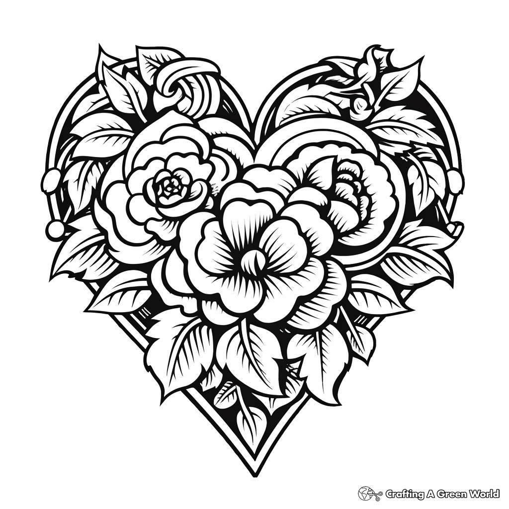 Vintage Rose Heart Coloring Pages 4
