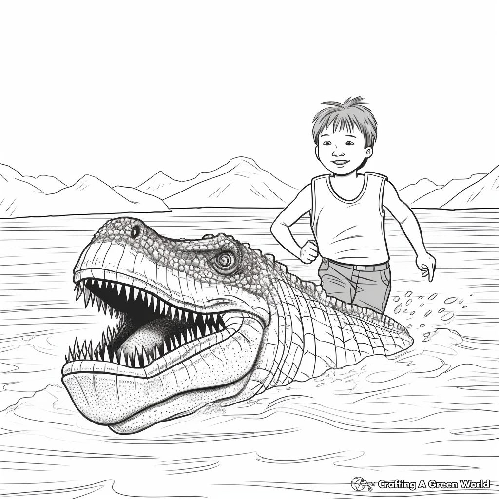 Wading in Water: Sarcosuchus Scene Coloring Pages 3