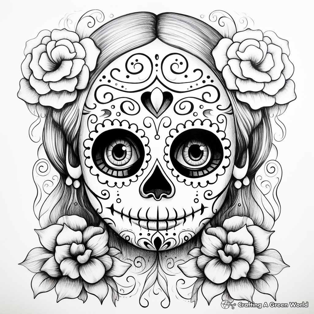 Watercolor Styled Sugar Skull Coloring Pages 4