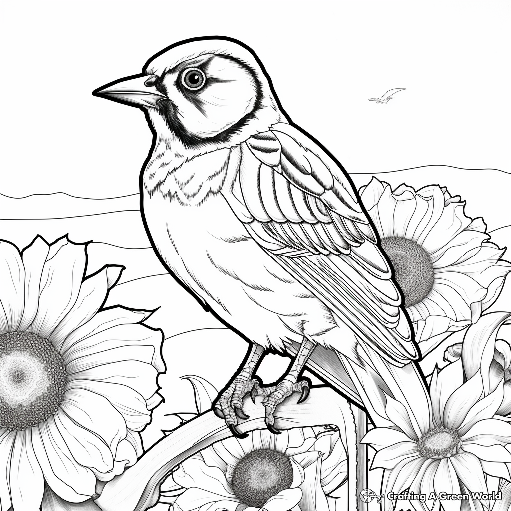 Western Meadowlark and Flower Field Coloring Pages 1