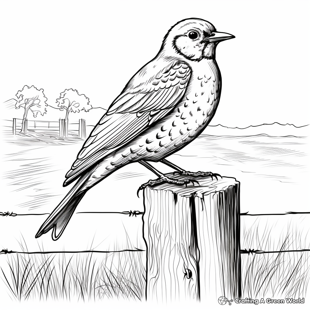 Western Meadowlark Playing in a Field: Children’s Coloring Page 1