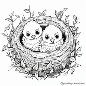 Whimsical Baby Birds in Nest Coloring Sheet 1