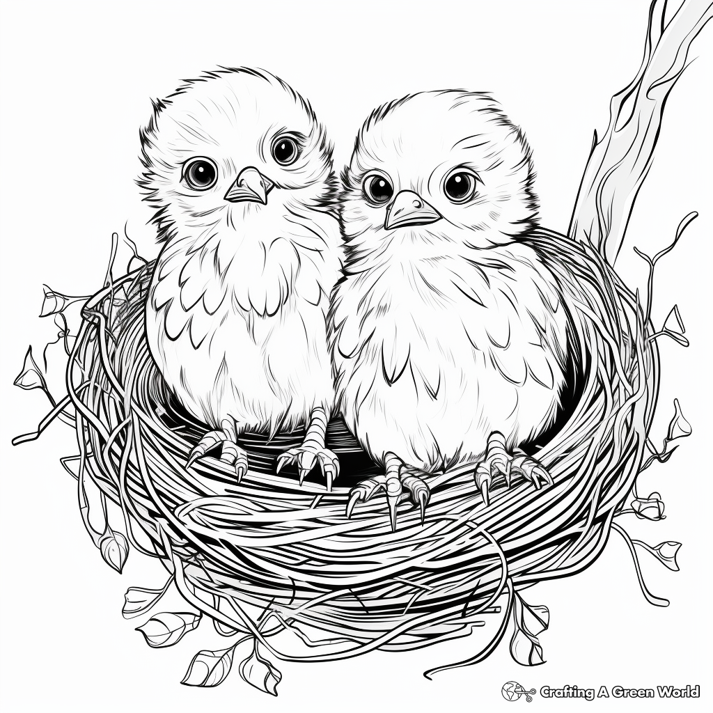 Whimsical Baby Birds in Nest Coloring Sheet 3