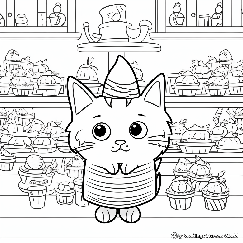 Whimsical Cat in Cake Shop Coloring Pages 1