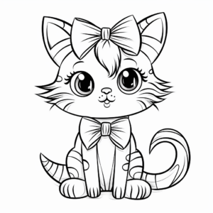 Whimsical Cat with Bow Coloring Pages for Adults 2