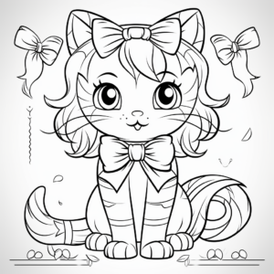 Whimsical Cat with Bow Coloring Pages for Adults 4