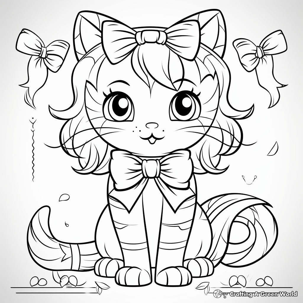 Whimsical Cat with Bow Coloring Pages for Adults 4