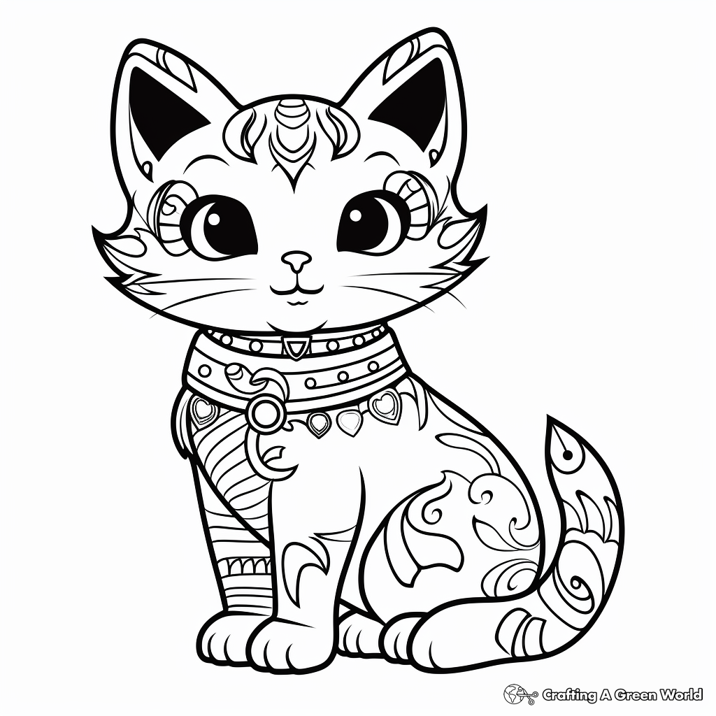 Whimsical Fairy Tale Calico Cat Coloring Page 1