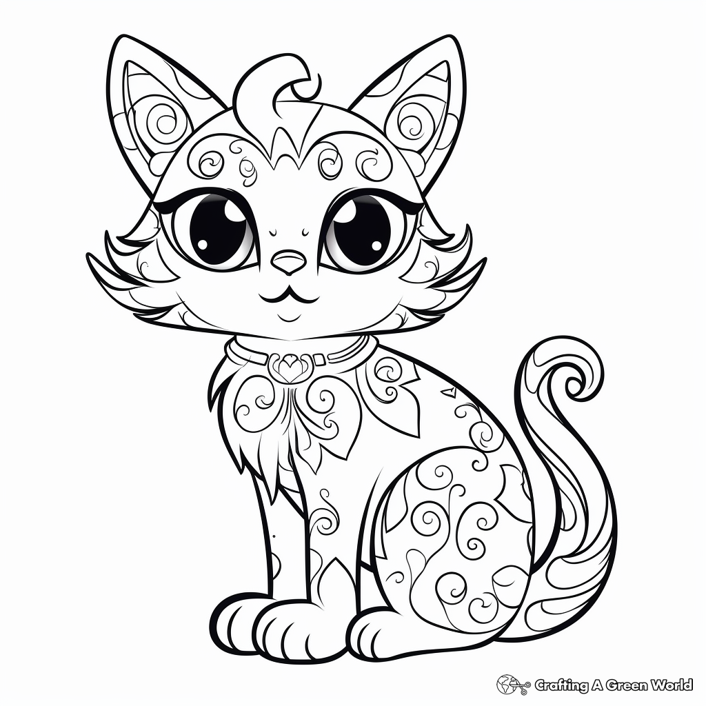 Whimsical Fairy Tale Calico Cat Coloring Page 2
