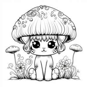 Whimsical Kitty Fairy Under a Mushroom Coloring Pages 1