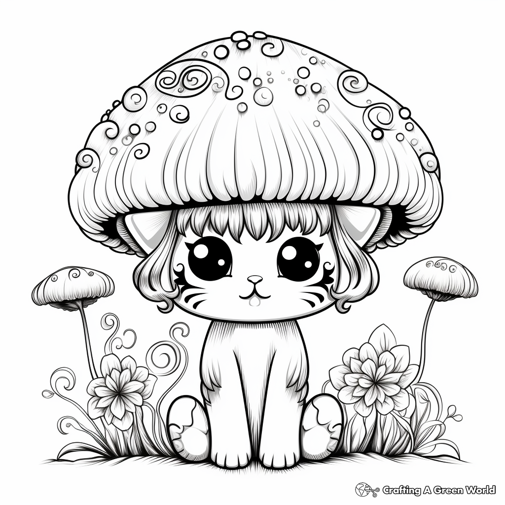 Whimsical Kitty Fairy Under a Mushroom Coloring Pages 1