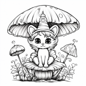 Whimsical Kitty Fairy Under a Mushroom Coloring Pages 2