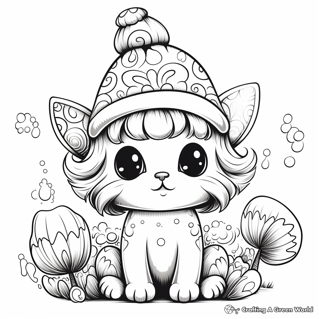 Whimsical Kitty Fairy Under a Mushroom Coloring Pages 3
