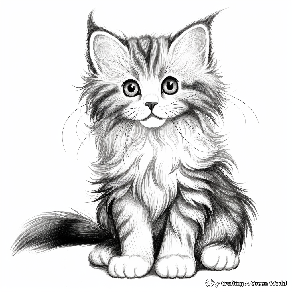 Whimsical Long Haired Kitten Coloring Pages 1