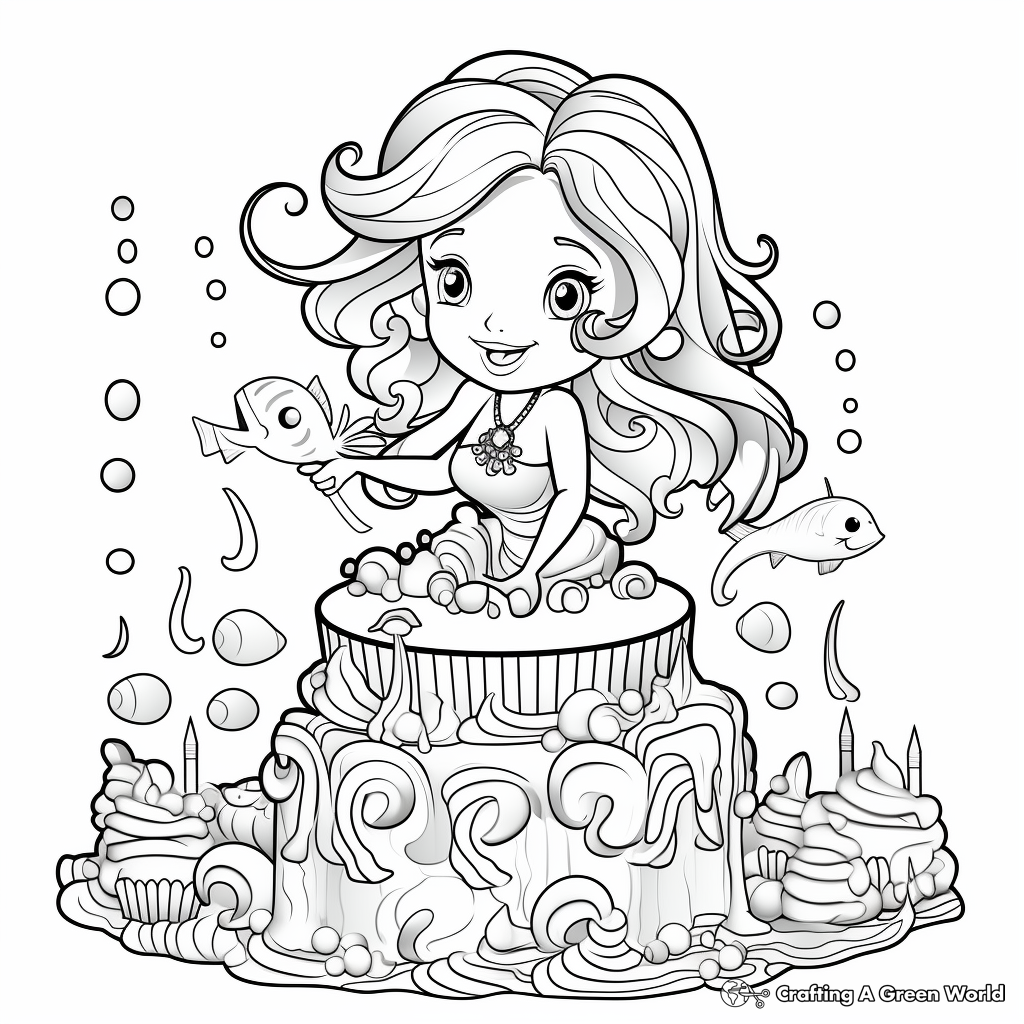 Whimsical Mermaid Party Cake Coloring Pages 1