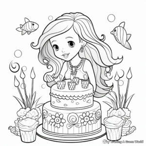 Whimsical Mermaid Party Cake Coloring Pages 3