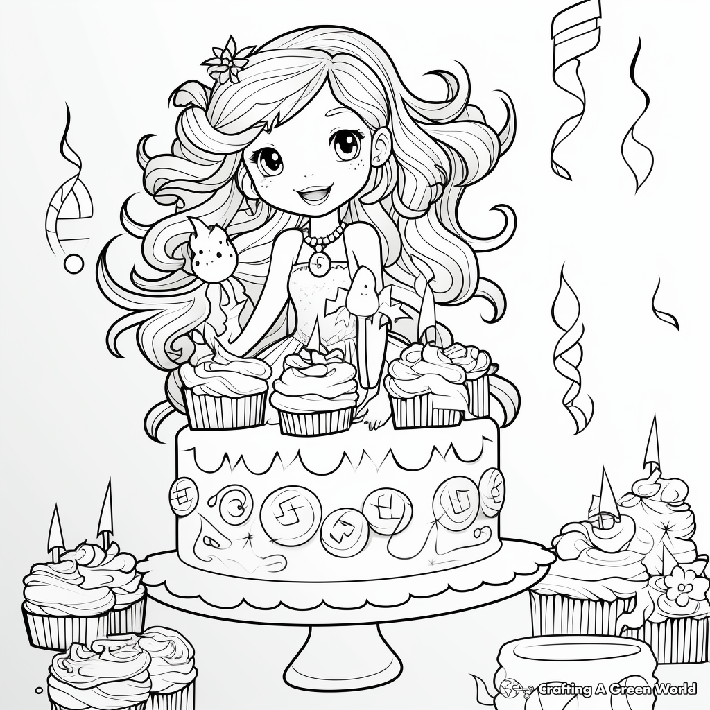 Whimsical Mermaid Party Cake Coloring Pages 4
