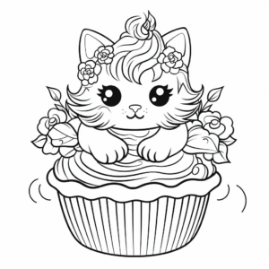 Whimsical Wonderland Cat Cupcake Coloring Pages 2