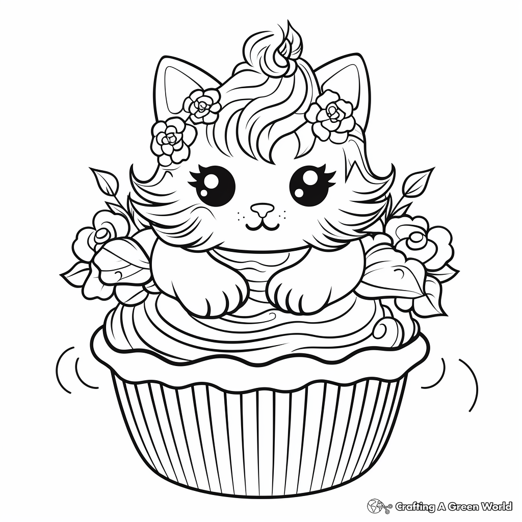 Whimsical Wonderland Cat Cupcake Coloring Pages 2