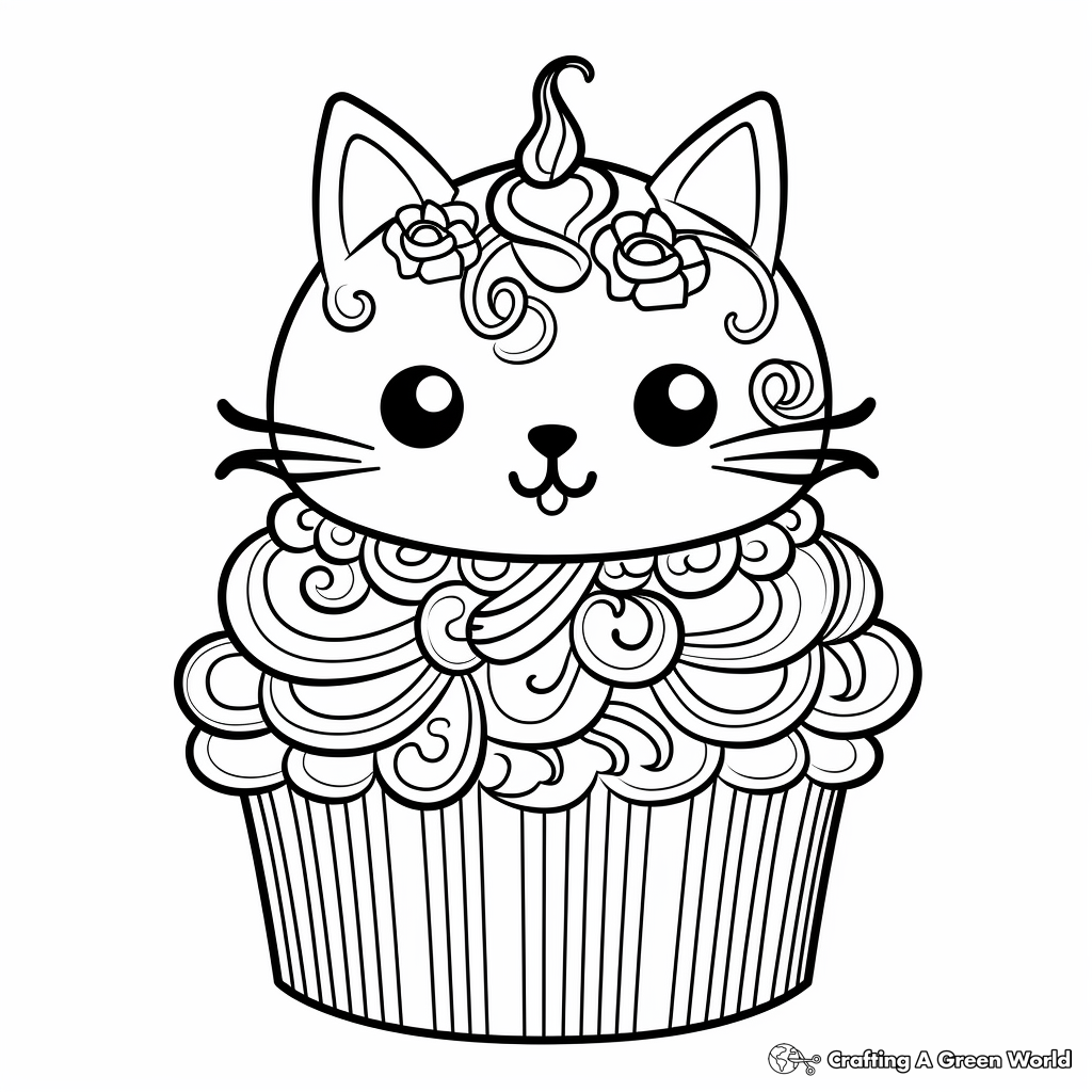 Whimsical Wonderland Cat Cupcake Coloring Pages 4