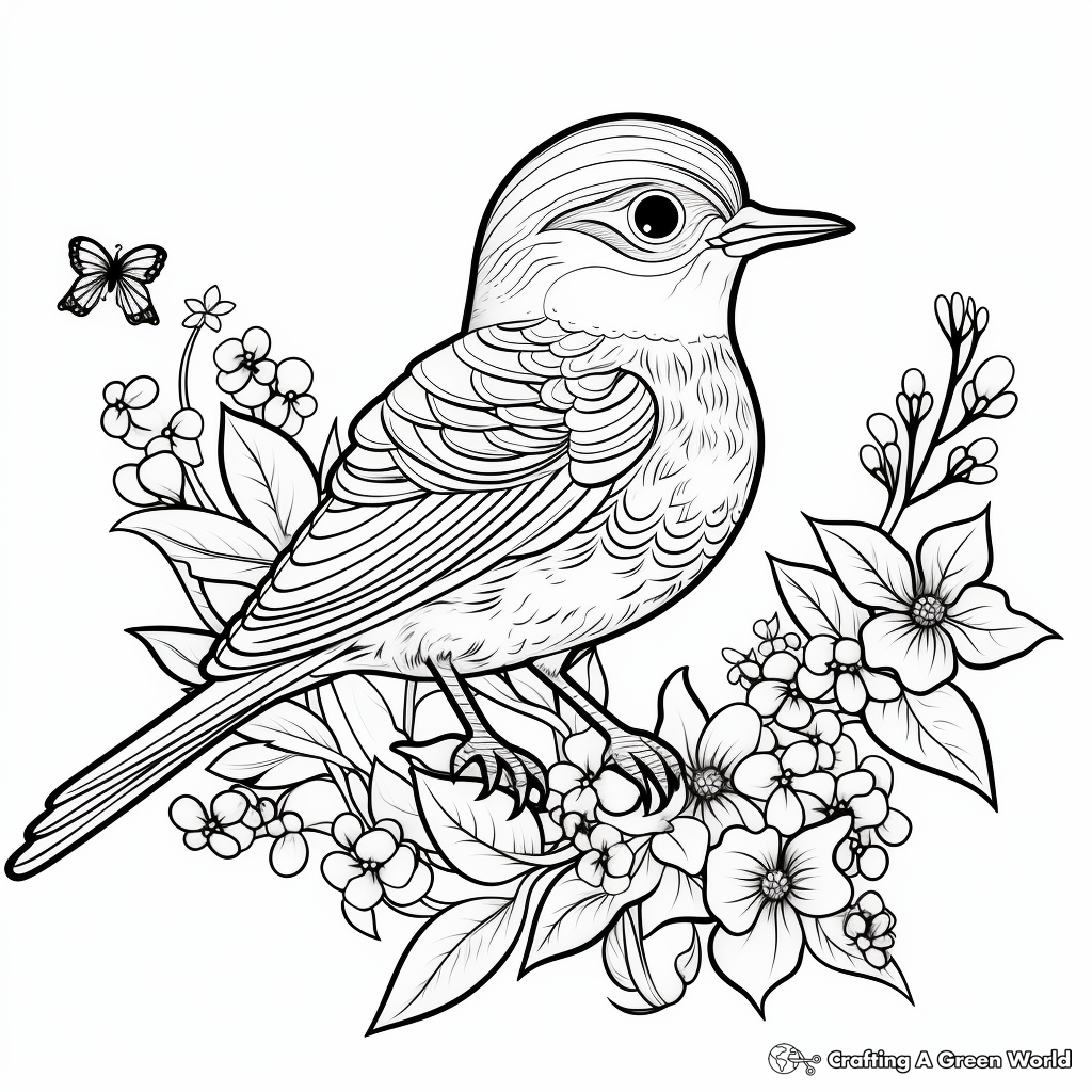 Whimsical Wren and Wildflower Coloring Pages 2
