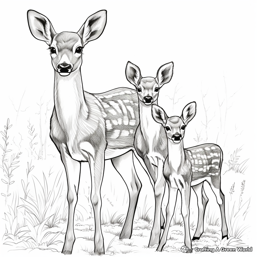 White Tailed Deer Family: Doe and Fawns Coloring Page 3