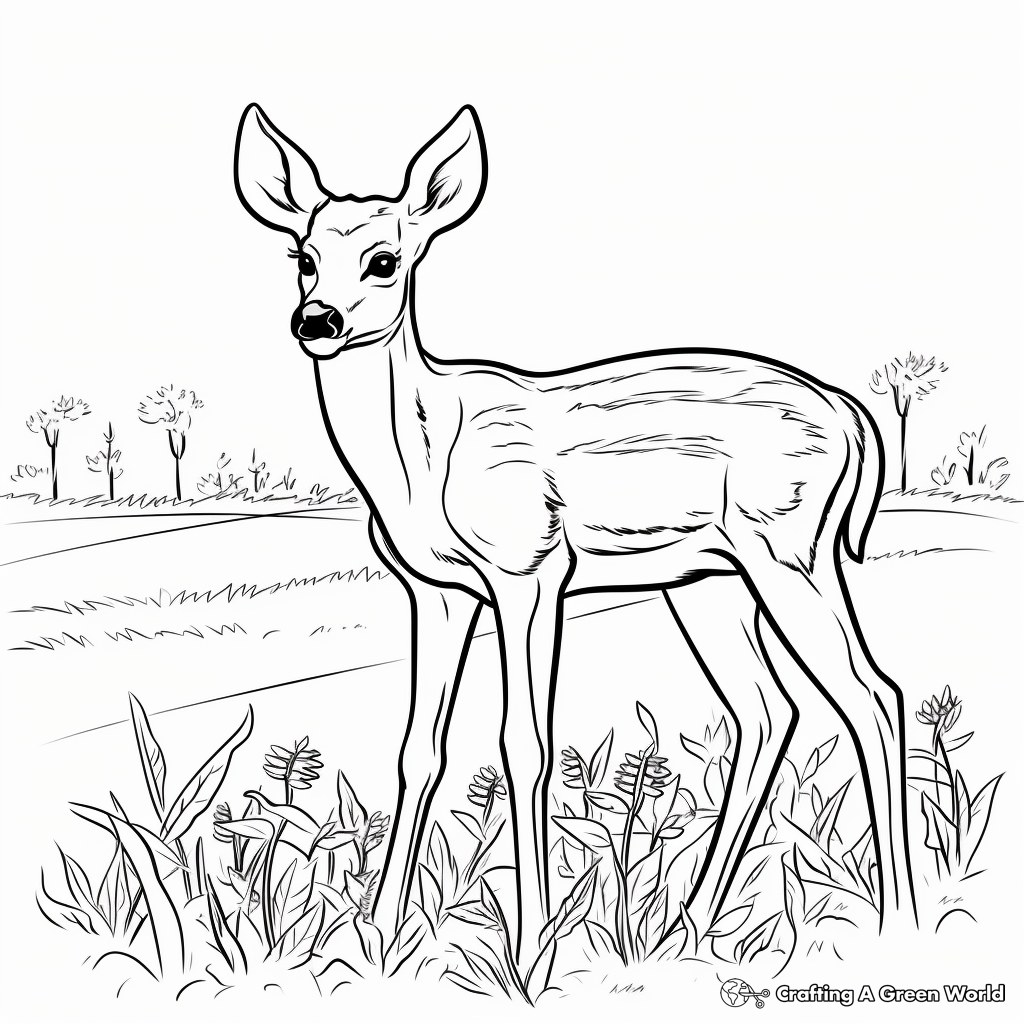 White Tailed Deer Grazing Field Coloring Page 1