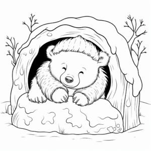 Winter Hibernation: Sleeping Bear in Den Coloring Pages 1
