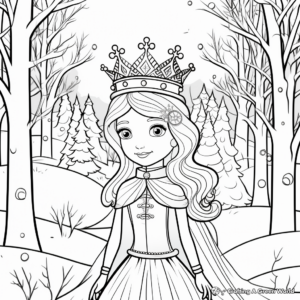 Winter Princess in the Frosty Forest: Nature-Scene Coloring Pages 1