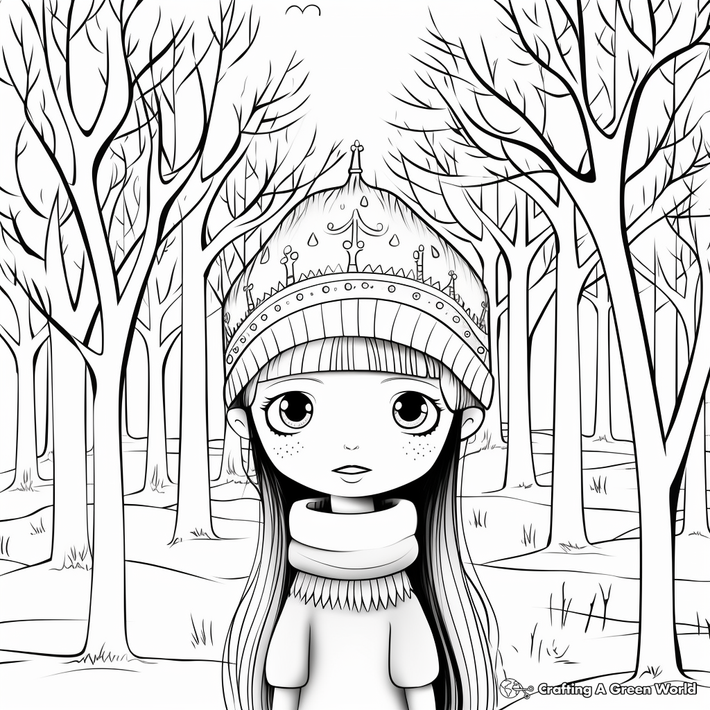 Winter Princess in the Frosty Forest: Nature-Scene Coloring Pages 2