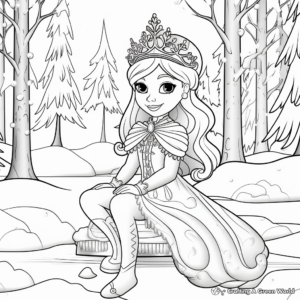 Winter Princess in the Frosty Forest: Nature-Scene Coloring Pages 3