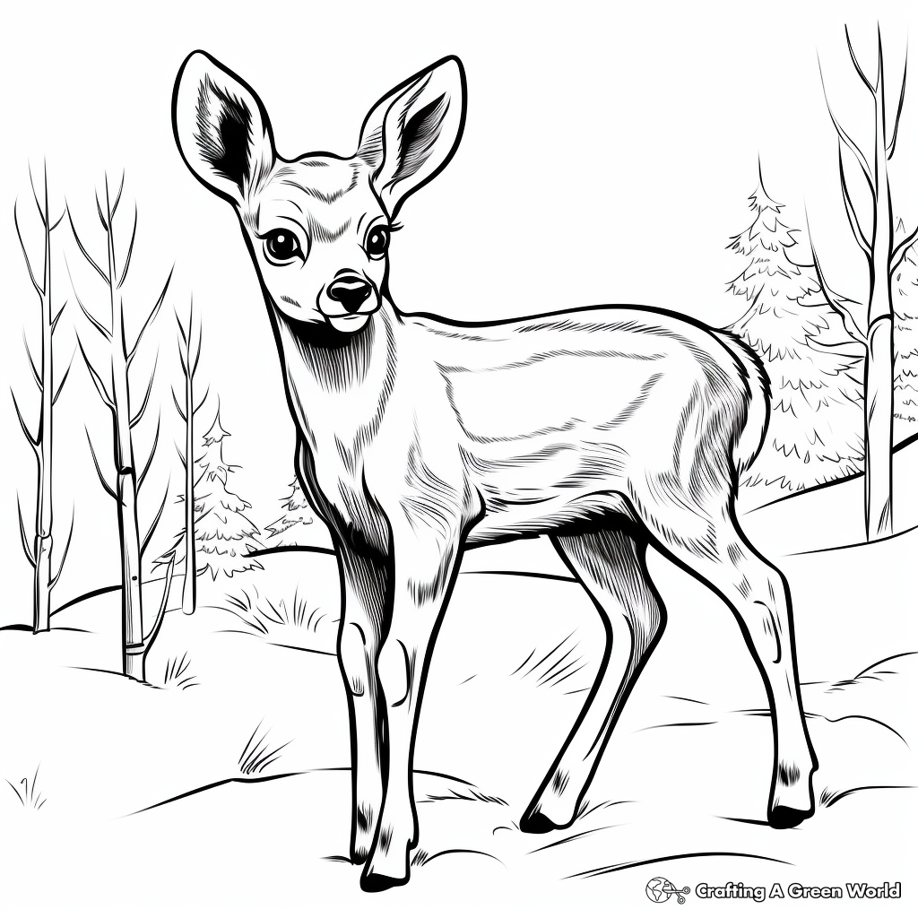 Winter Scene with Baby Reindeer Coloring Pages 1