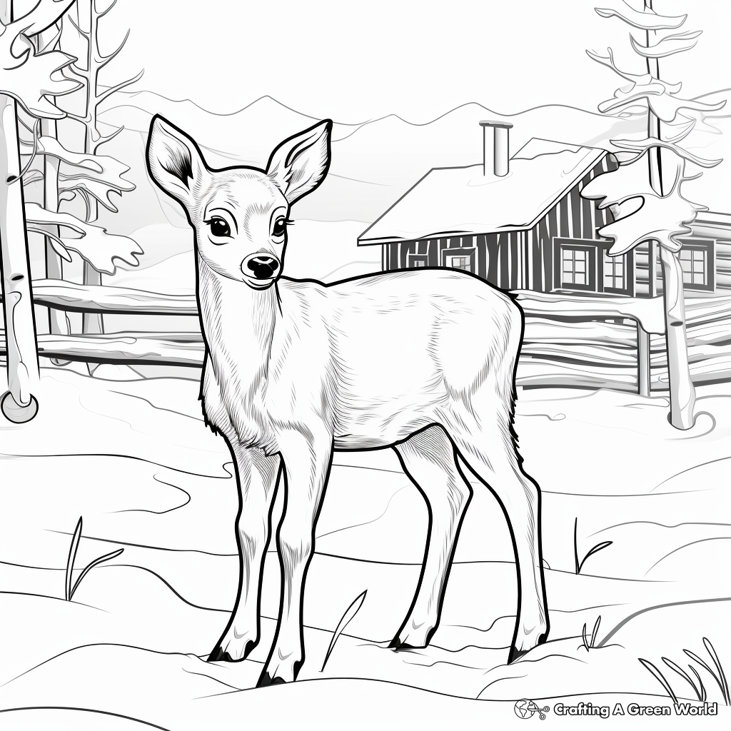 Winter Scene with Baby Reindeer Coloring Pages 3