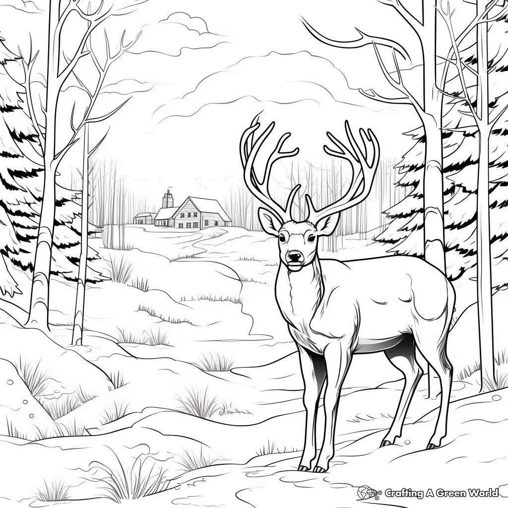 Winter Scene with Big Buck Coloring Pages 1