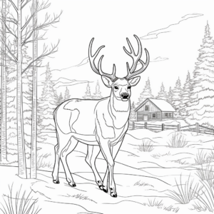 Winter Scene with Big Buck Coloring Pages 2