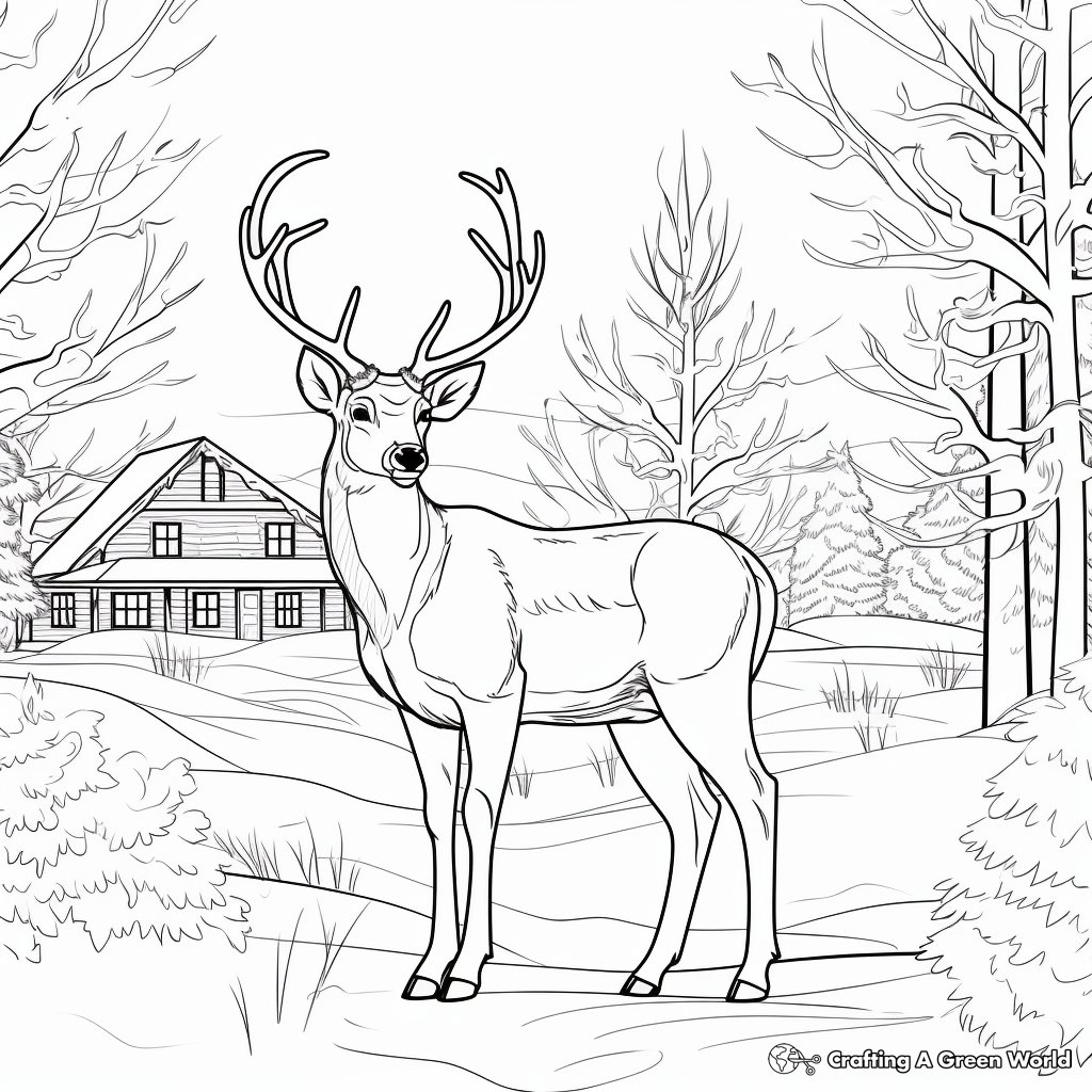 Winter Scene with Big Buck Coloring Pages 3