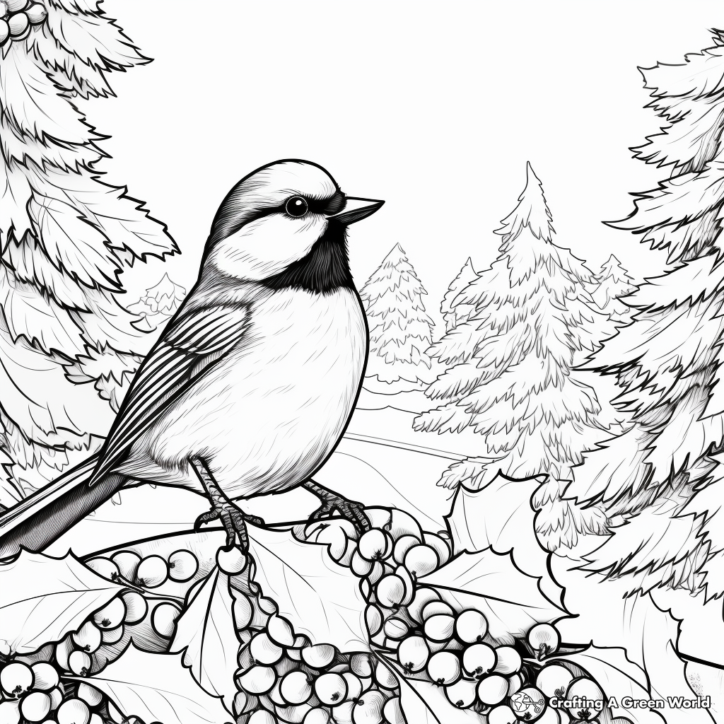 Winter Scene with Black Capped Chickadee Coloring Pages 3