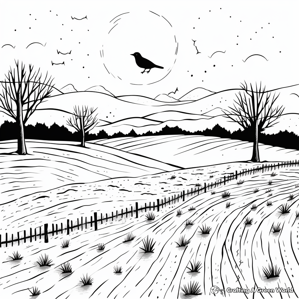 Winter Scene with Crows: Snowy Field Coloring Pages 1