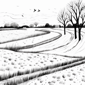 Winter Scene with Crows: Snowy Field Coloring Pages 2