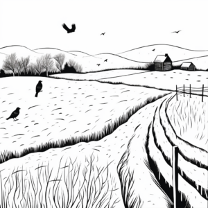 Winter Scene with Crows: Snowy Field Coloring Pages 4