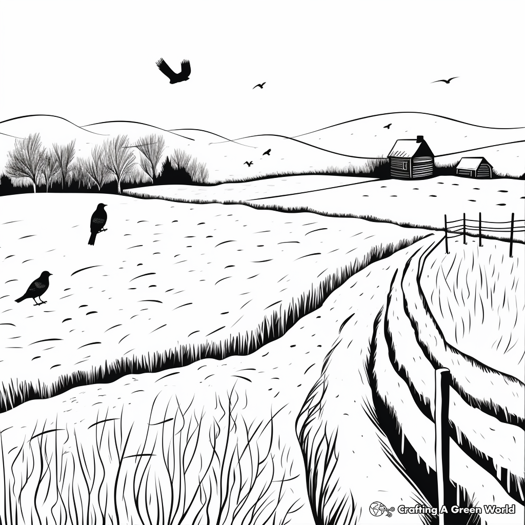 Winter Scene with Crows: Snowy Field Coloring Pages 3