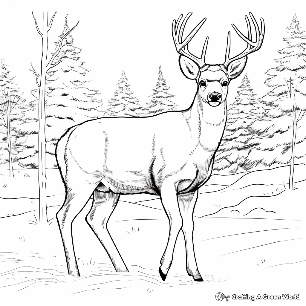 Winter Scene: Mule Deer in the Snow Coloring Pages 2