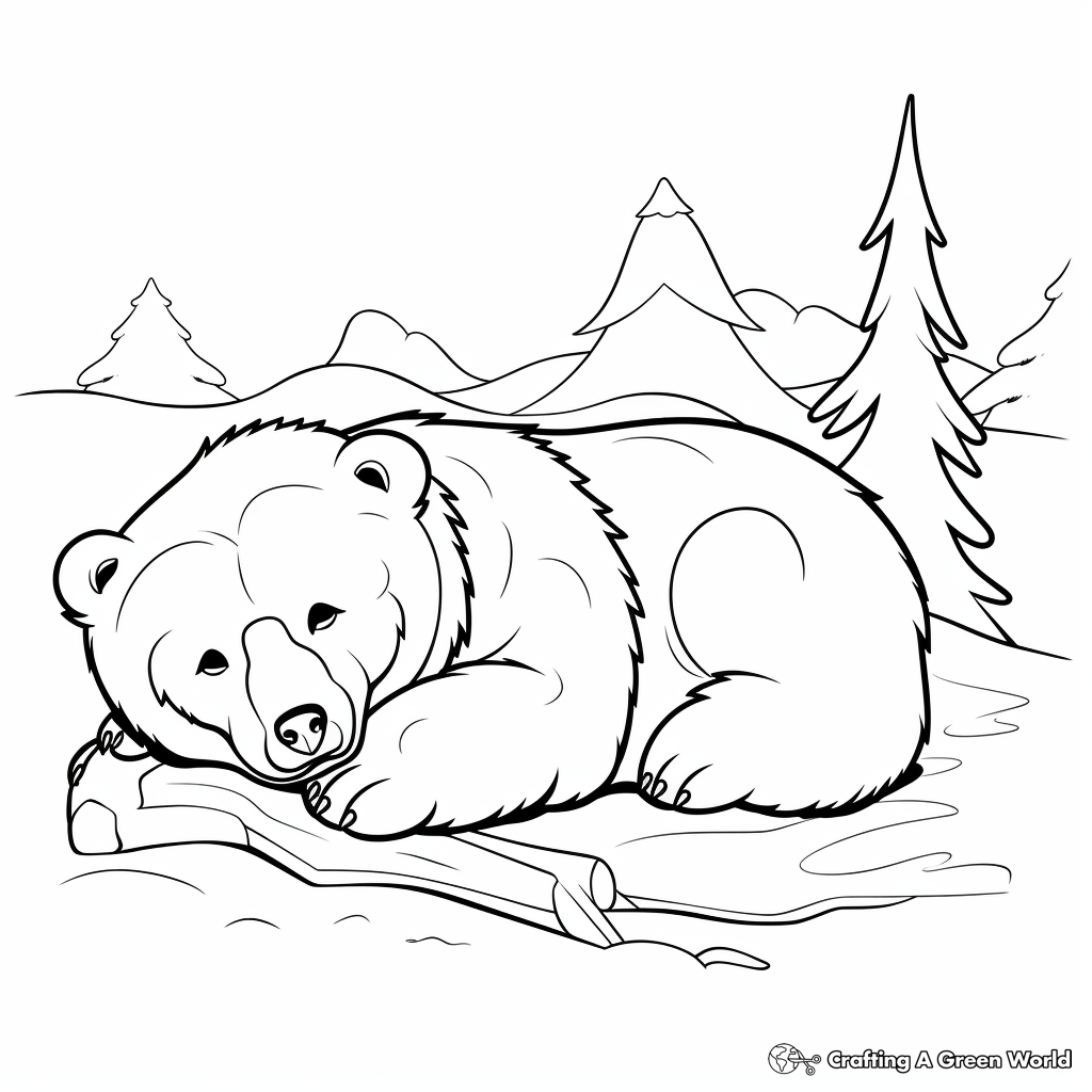 Winter Themed Sleeping Grizzly Bear Coloring Pages 1