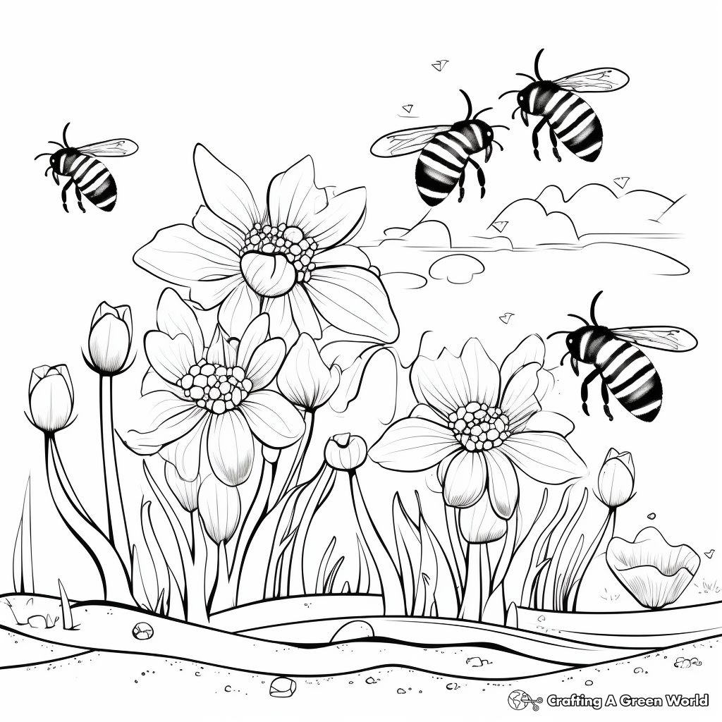 Wintry Scene: Bees and Winter Aconites Coloring Sheets 2