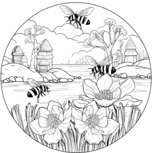 Wintry Scene: Bees and Winter Aconites Coloring Sheets 4