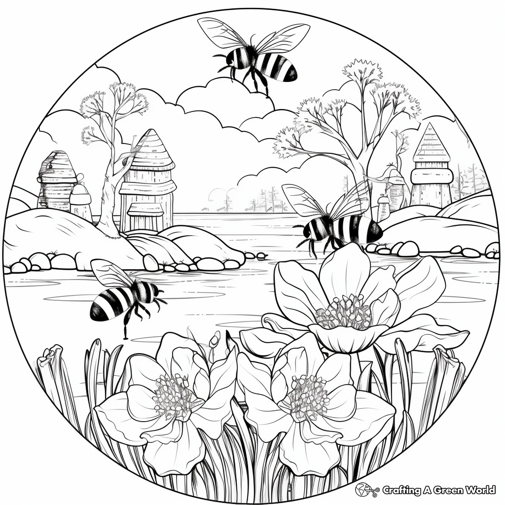 Wintry Scene: Bees and Winter Aconites Coloring Sheets 3