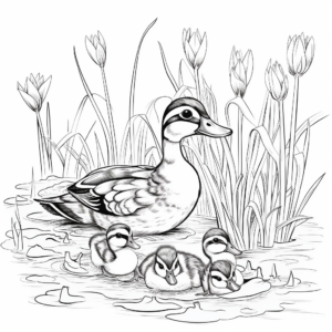 Wood Duck and Ducklings: Family Scene Coloring Pages 1
